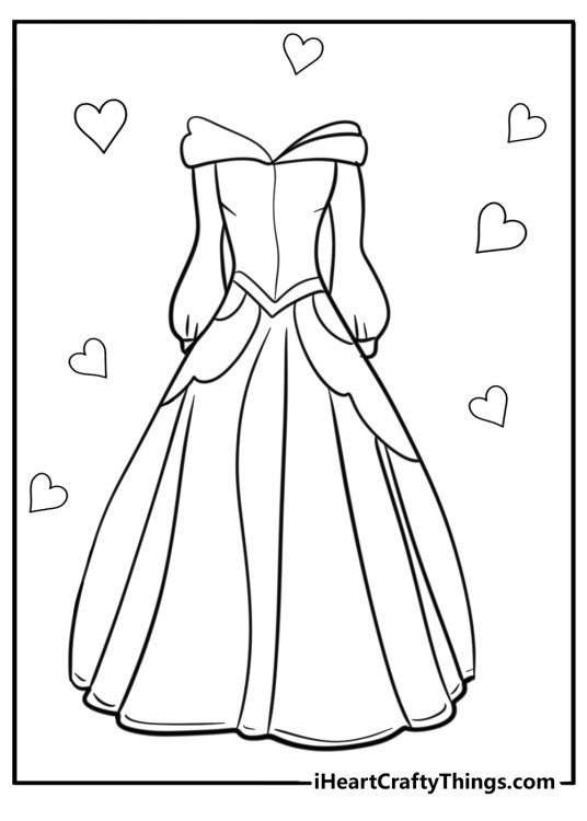 Coloring page of a neoclassical dress with long sleeves surrounded by heart shapes in the background