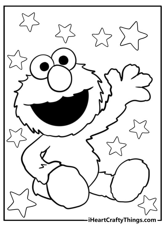Coloring printable for children featuring Elmo sitting and waving to us surrounded by stars