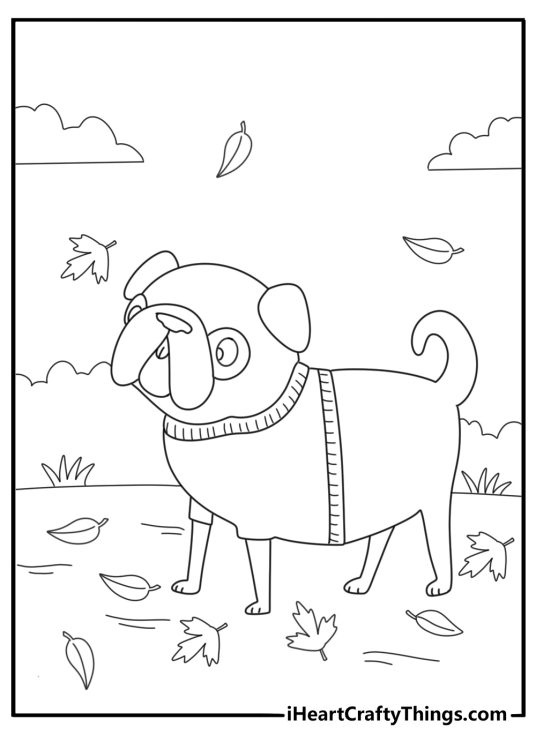 easy pug coloring page for kids pug wearing cozy sweater on a fall walk printable pdf