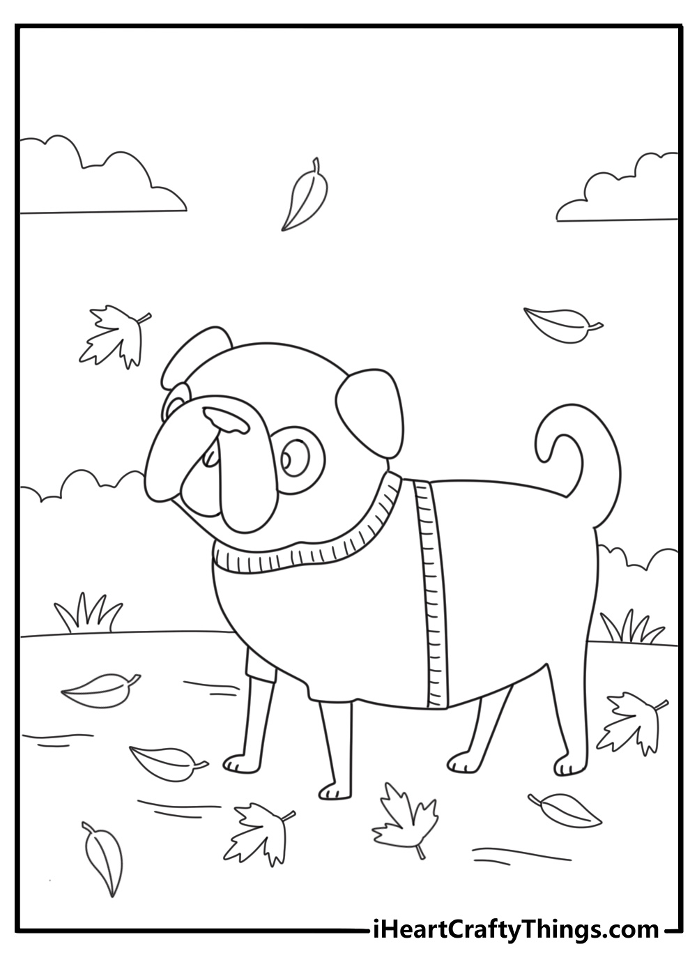 easy pug coloring page for kids pug wearing cozy sweater on a fall walk printable pdf