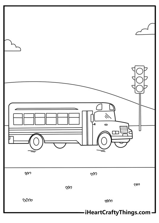 easy school bus coloring page showing bus at a red light