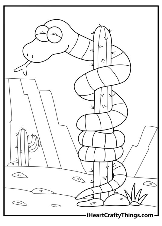 easy snake curled around a cactus printable coloring sheet