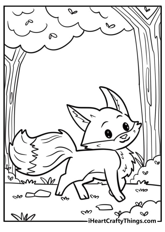 Elegant fox walking down the path in a forest free coloring page for kids