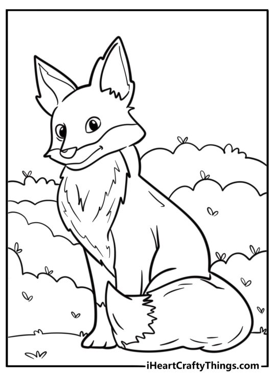 Elegant sitting adult fox with a smile in a nature background printable coloring page