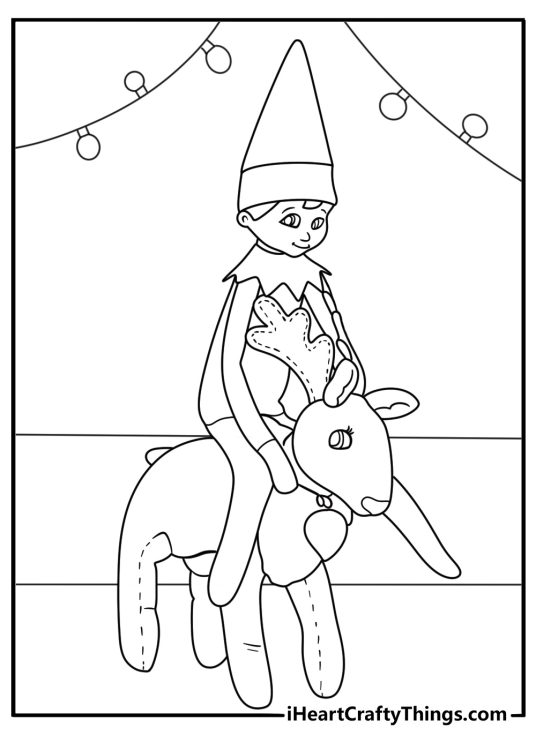 elf on the shelf coloring page featuring elf riding a toy reindeer across the floor