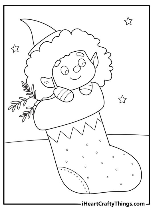 elf on the shelf coloring page of an elf peeking from a christmas stocking for kids printable pdf
