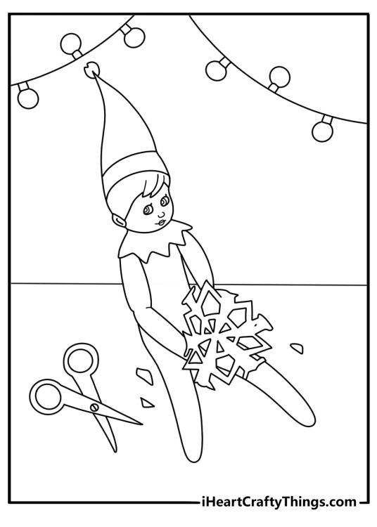 elf on the shelf coloring page of elf making a paper snowflake at a small desk for kids