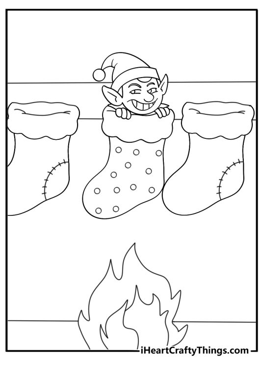 elf on the shelf coloring page of elf peeking from a christmas stocking hung by a fireplace printable