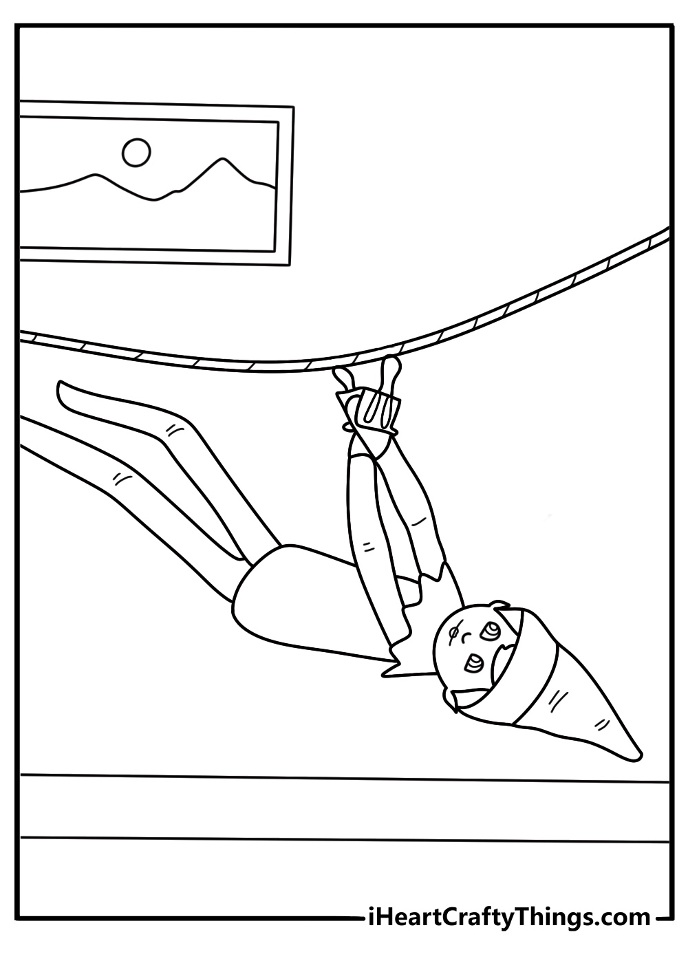 elf on the shelf coloring page showing elf zipping across a room on a twine zipline