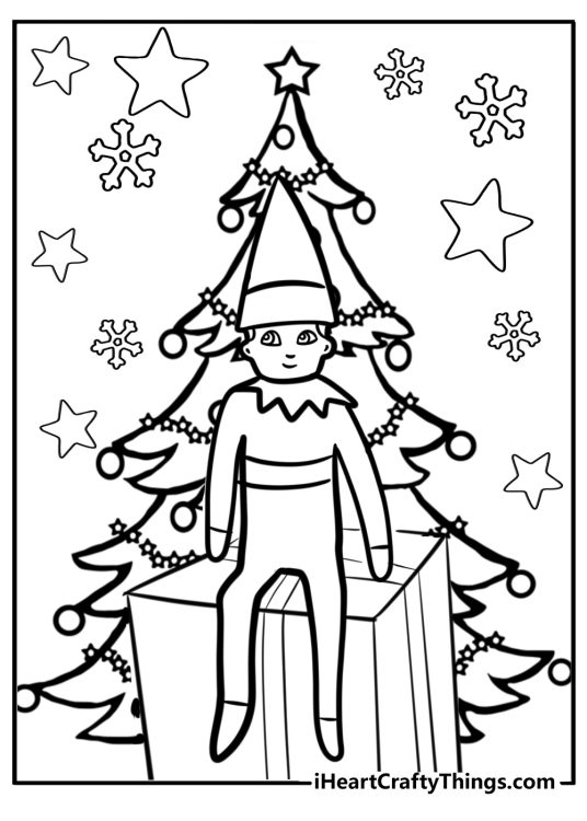 Christmas picture presenting an Elf sitting on the gift box next to Christmas tree with stars and snowflakes all around