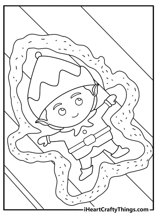 elf on the shelf coloring sheet showing elf making a snow angel in flour on a table