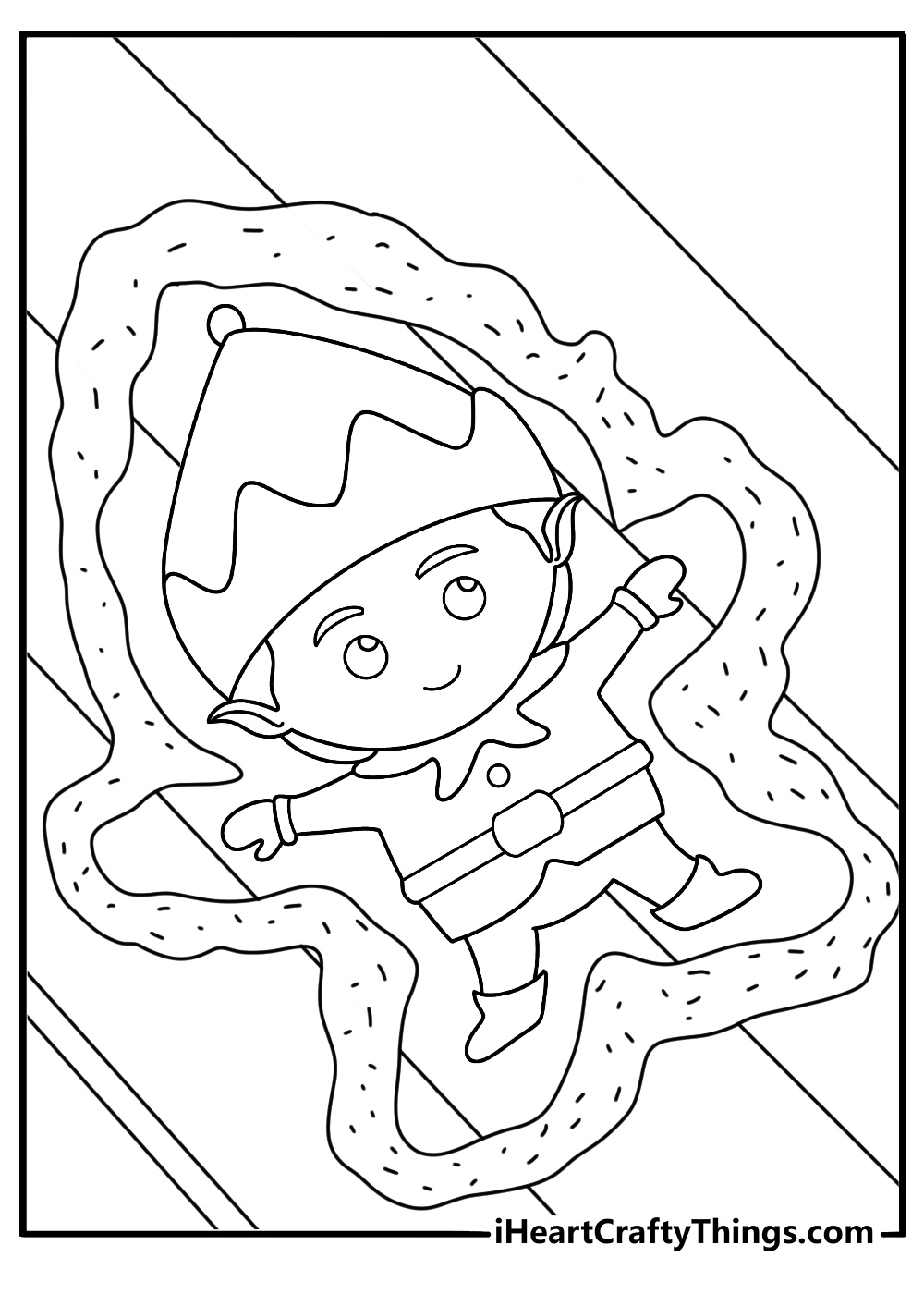 elf on the shelf coloring sheet showing elf making a snow angel in flour on a table