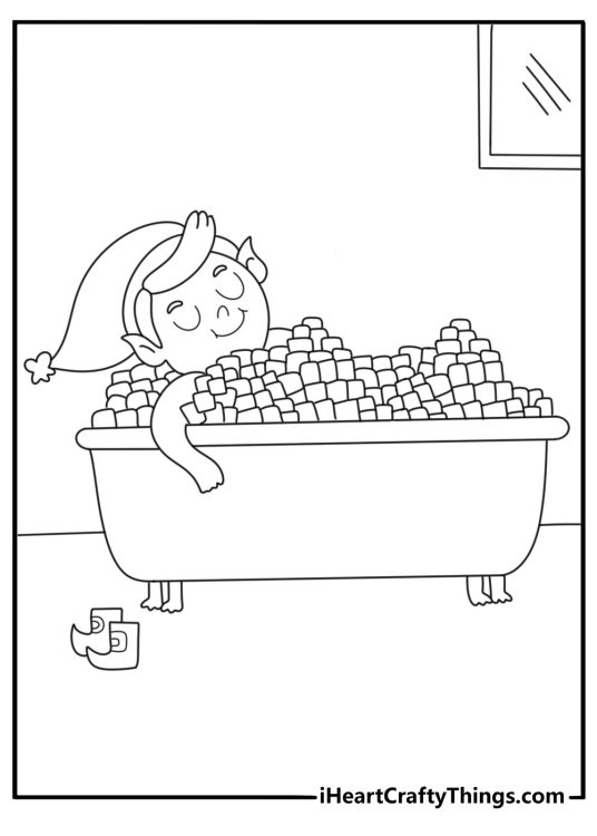 elf on the shelf coloring sheet with elf taking a bubble bath in marshmallows easy for kids
