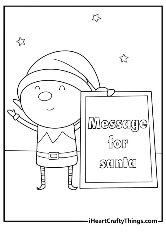 elf on the shelf detailed coloring page of elf holding a tiny chalkboard with a message for santa