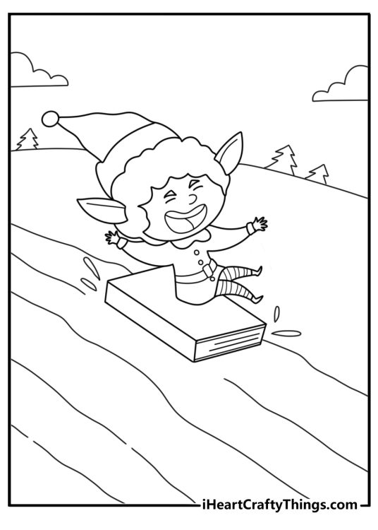 elf on the shelf detailed coloring page of elf sledding on a hardcover book