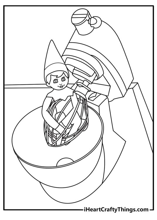 elf on the shelf detailed coloring page with elf tucked inside a mixing bowl with a whisk download