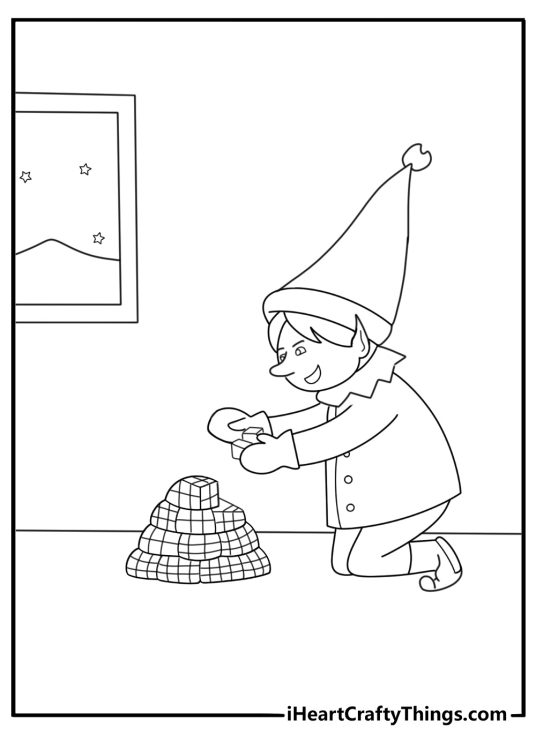 elf on the shelf pdf coloring page of elf building a tiny snow fort from sugar cubes
