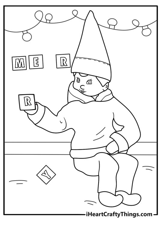 elf on the shelf printable coloring sheet of elf arranging letter tiles to spell merry