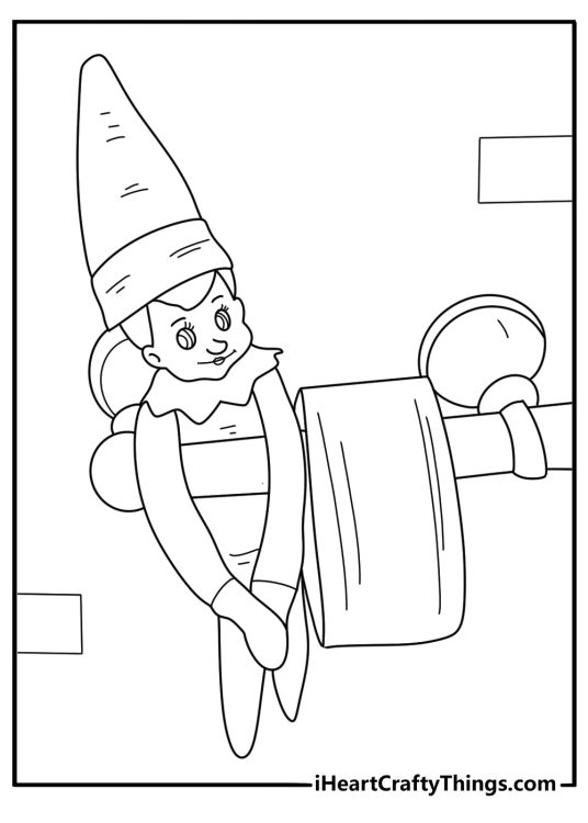 elf on the shelf printable coloring sheet with elf perched on a curtain rod looking down