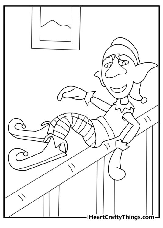 elf on the shelf printable coloring sheet with elf sliding down a bannister easy pdf