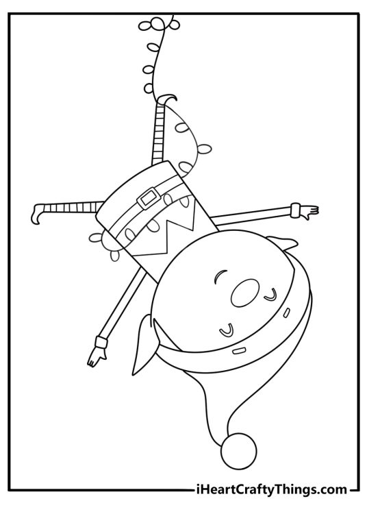 elf on the shelf printable page showing elf hanging from string lights simple coloring for kids