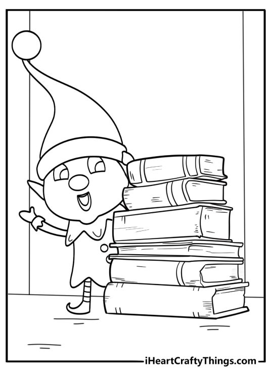 elf on the shelf printable page showing elf hiding behind a stack of books for kids