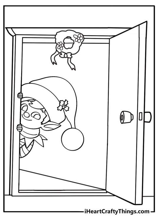 elf on the shelf printable pdf of elf peeking from a wreath on a door for kids