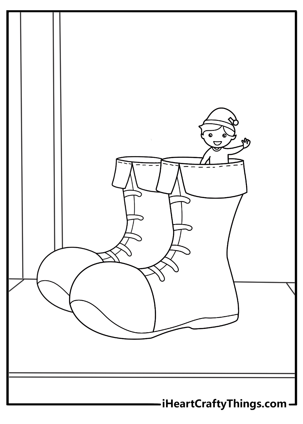 elf on the shelf simple coloring sheet with elf tucked in a boot near the doorway