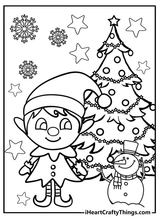 Christmas-inspired picture featuring cartoony Elf and snowman posing next to decorated Christmas tree