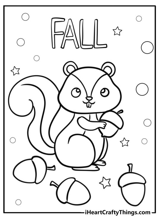 Coloring page of a cartoony squirell with a FALL word above its head surrounded by acorns stars and circles