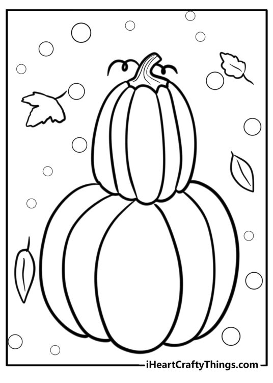 Coloring image for kids featuring pumpkins tower with fall leaves and circles in the background