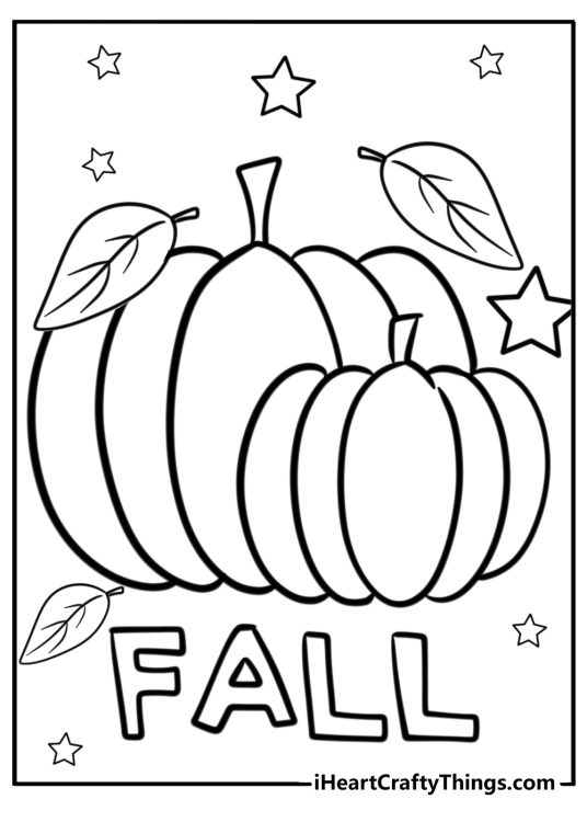 Coloring poster depicting two pumpkins surrounded by various leaves and a FALL word written under them