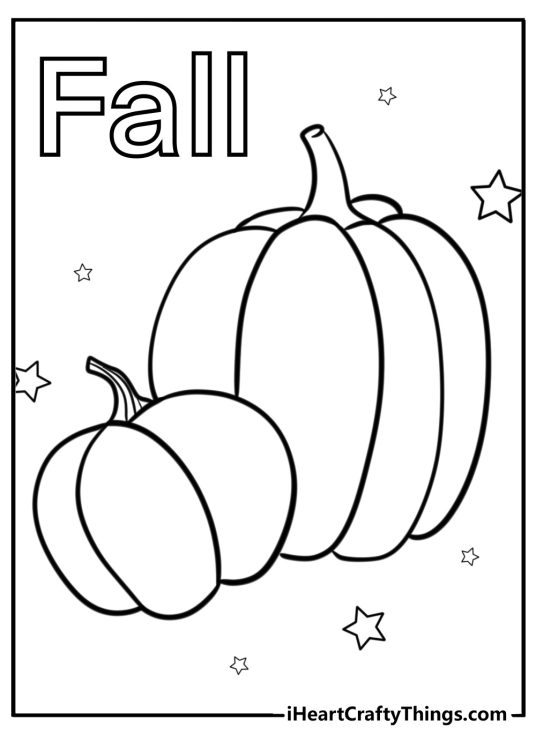 Coloring card for children depicting two pumkins and word Fall surrounded by stars