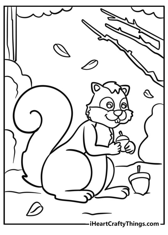 Fall coloring page featuring cartoony squirell with an acorn surrounded by greenery and falling leaves