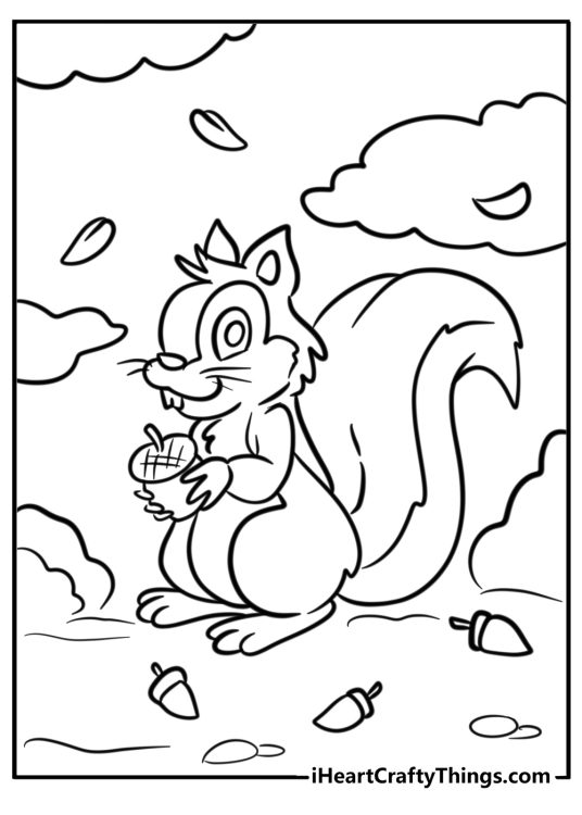 Fall-themed coloring page of a cartoony squirell holding an acorn surrounded by clouds and falling leaves