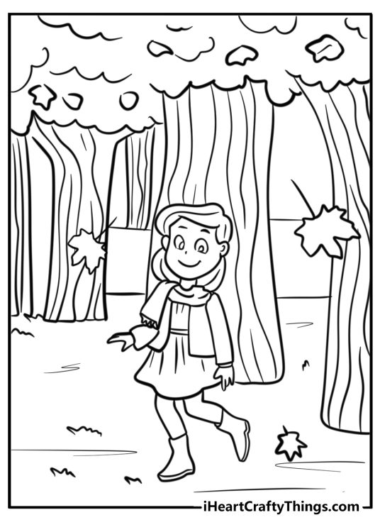 Fall-themed printable presenting girl walking in a park with trees and falling leaves in the background