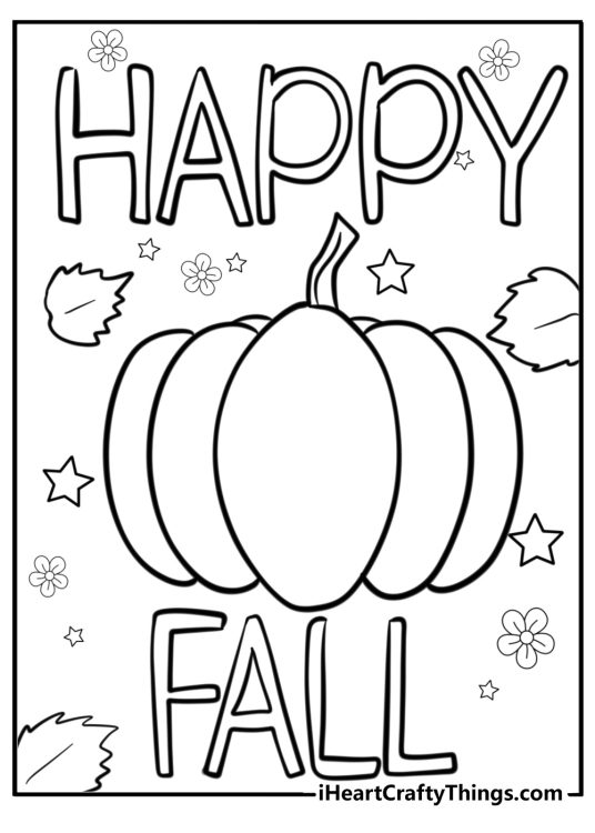 Printable poster with a pumpkin surrounded by fall leaves and HAPPY FALL message