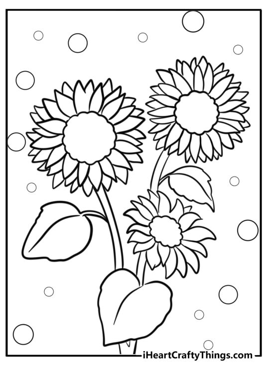 Fall-themed coloring page depicting sunflowers with small circles in the background