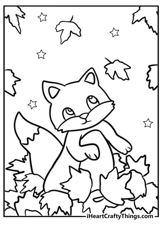 Printable coloring image for kids depicting cartoony fox surrounded by fall leaves