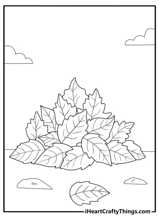 fall leaves coloring page showing a pile of autumn leaves on the ground