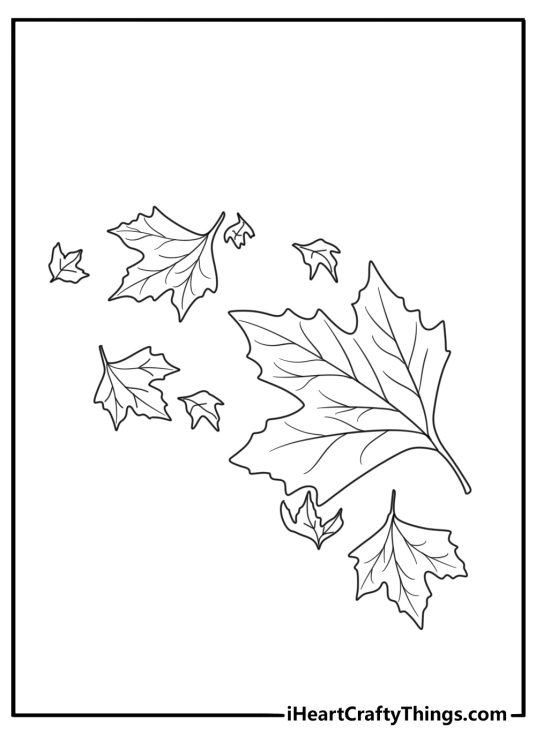 fall leaves simple coloring page for kids showing scattered leaves in the wind