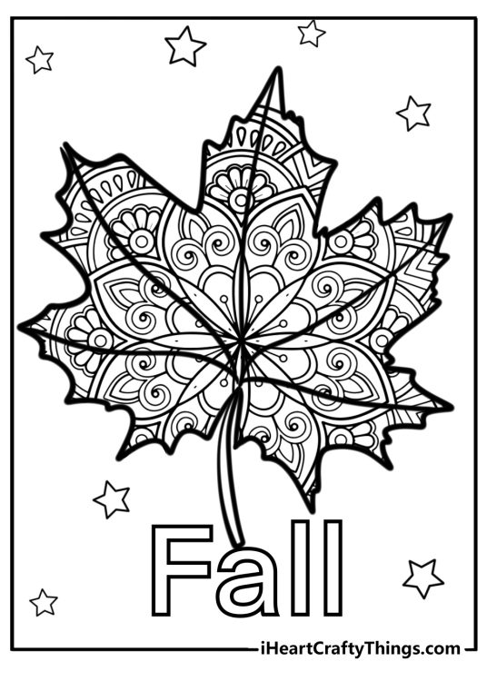 Coloring drawing for adults depicting maple leave filled with mandala pattern and a word Fall beneath it