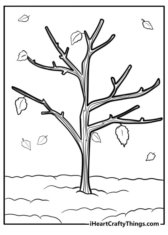 Free printable coloring sheet depicting fall tree with falling leaves all around it
