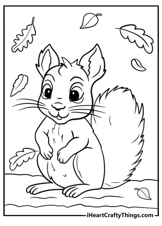 Detailed coloring drawing for children of a cute squirell surrounded by fall leaves
