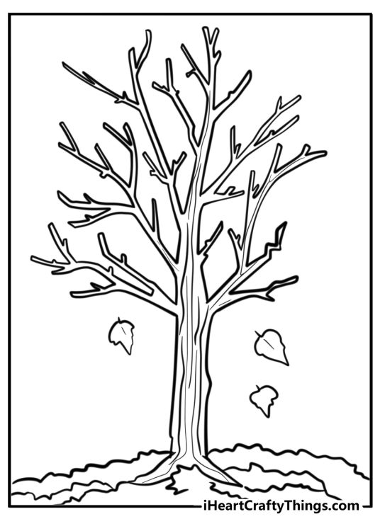 Free printable coloring sheet depicting bare fall tree with last leaves falling down