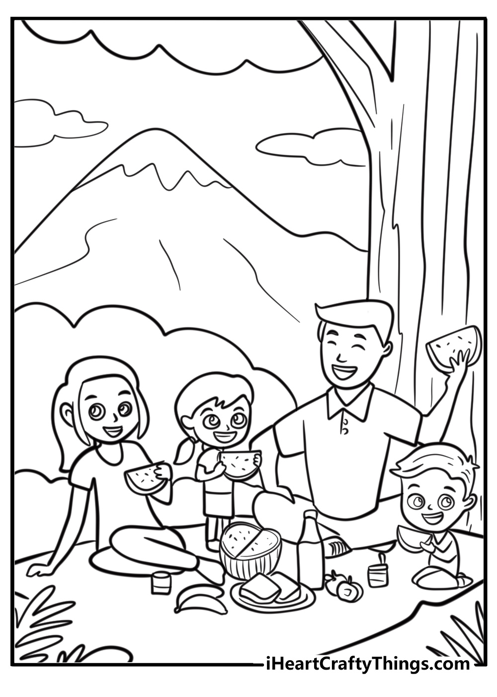 Family enjoying a picnic under a tree coloring page