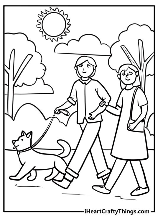 Family walking their dog on a sunny day coloring sheet