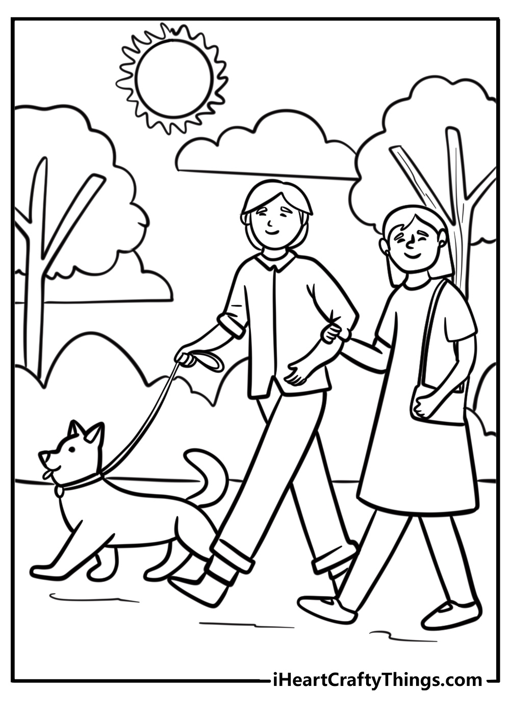 Family walking their dog on a sunny day coloring sheet