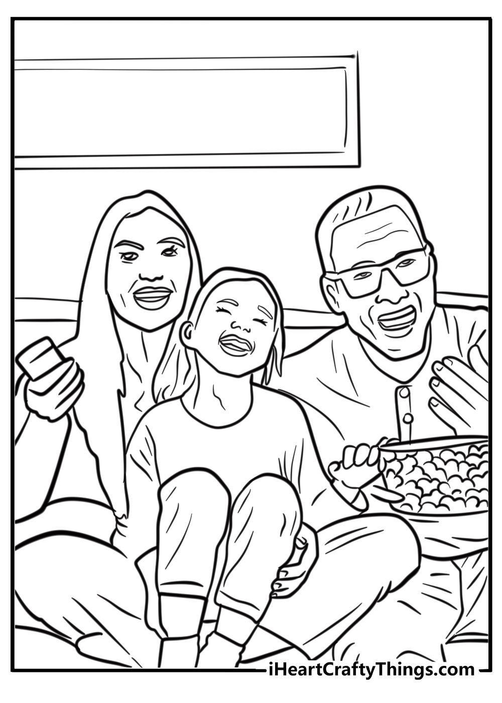 Family watching a movie together on the couch coloring page