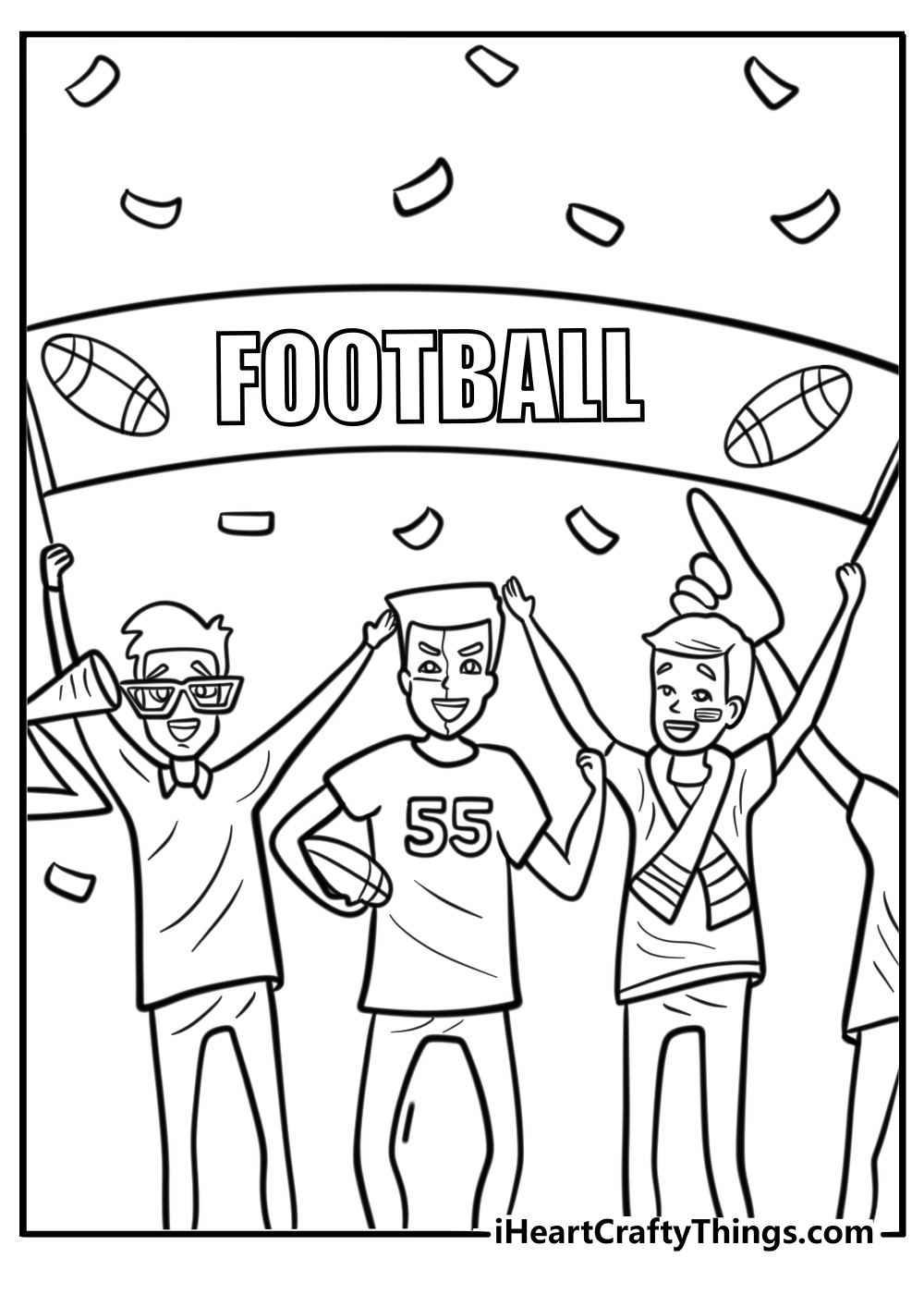 Fans waving banners at a football game free printable page